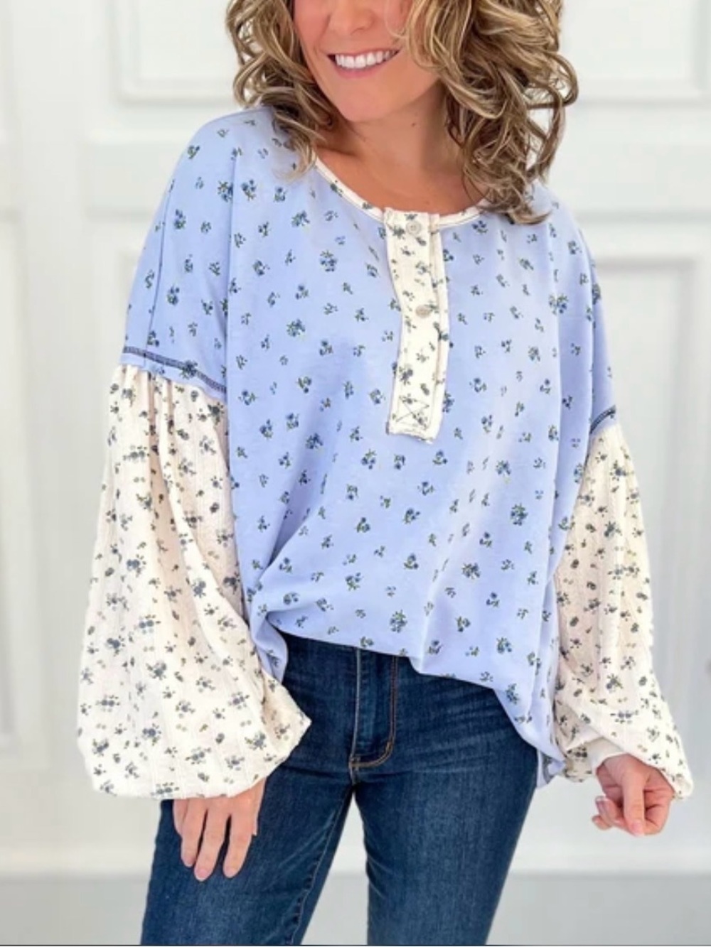 Bibi Floral Print Henley Top, Long Sleeve Tee, Light Blue, Size Large